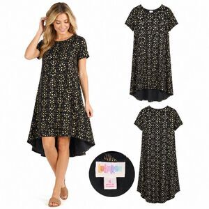 LuLaRoe Carly Dress S Black Gold Print Hi Low